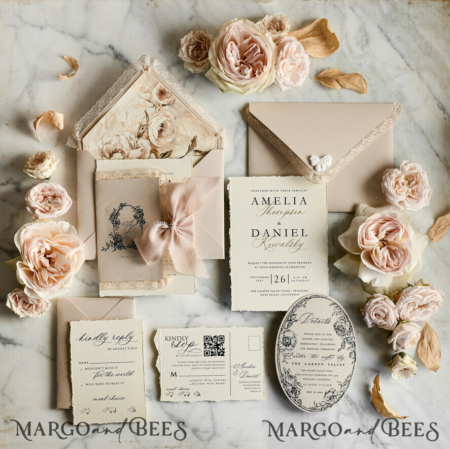 WEDDING INVITATIONS vintage lace/ rustic lace Personalized Golden Wedding invitations Vintage Lace Invites Beige