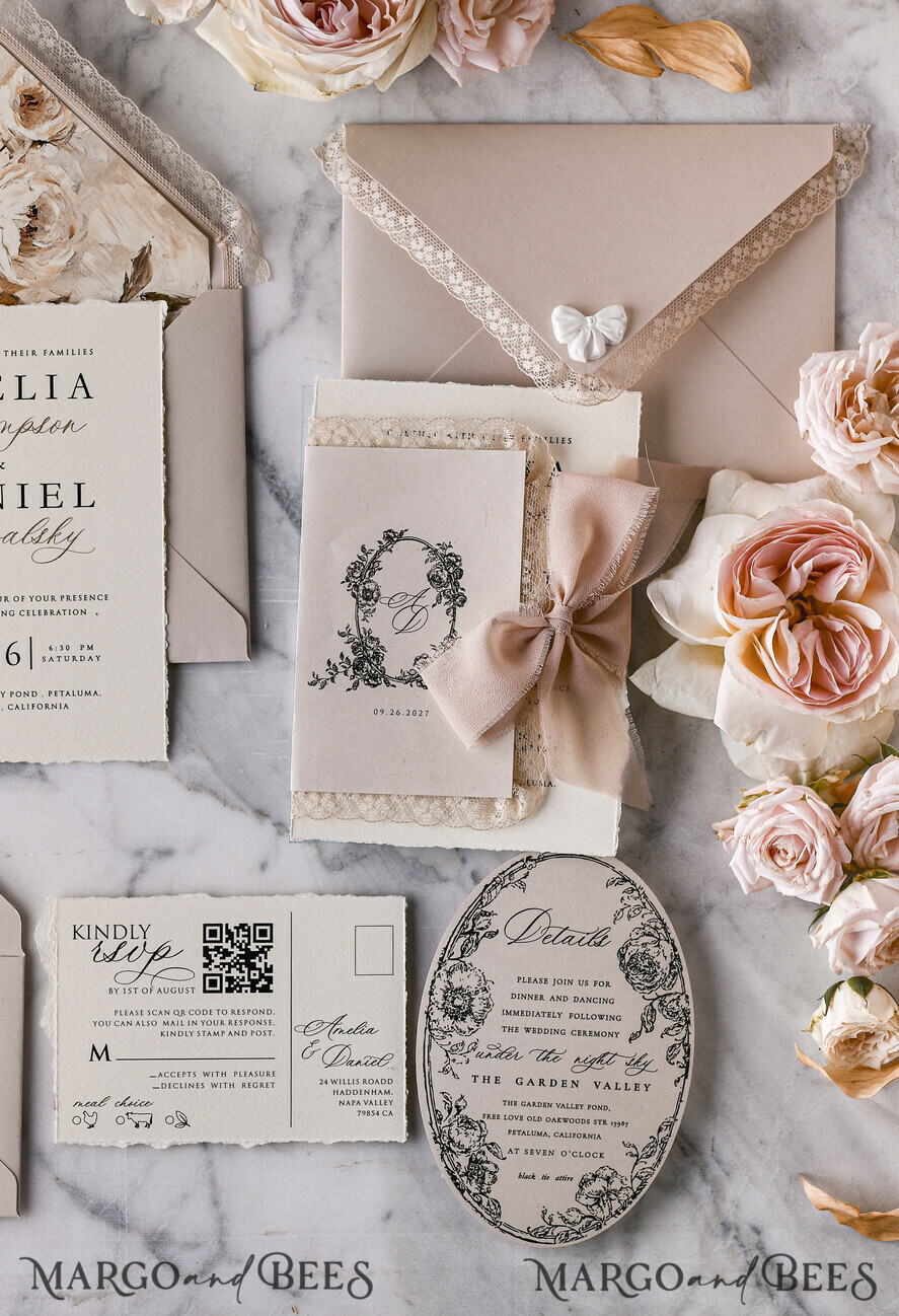 WEDDING INVITATIONS vintage lace/ rustic lace Personalized Golden Wedding invitations Vintage Lace Invites Beige