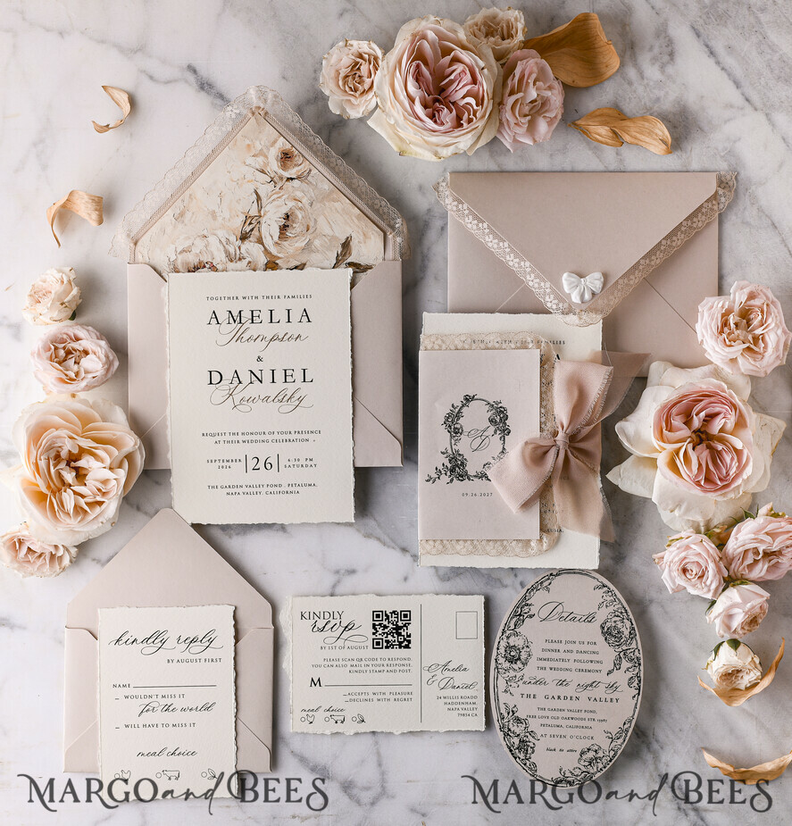 WEDDING INVITATIONS vintage lace/ rustic lace Personalized Golden Wedding invitations Vintage Lace Invites Beige