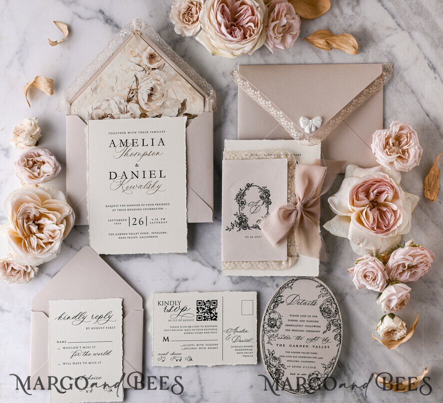 WEDDING INVITATIONS vintage lace/ rustic lace Personalized Golden Wedding invitations Vintage Lace Invites Beige