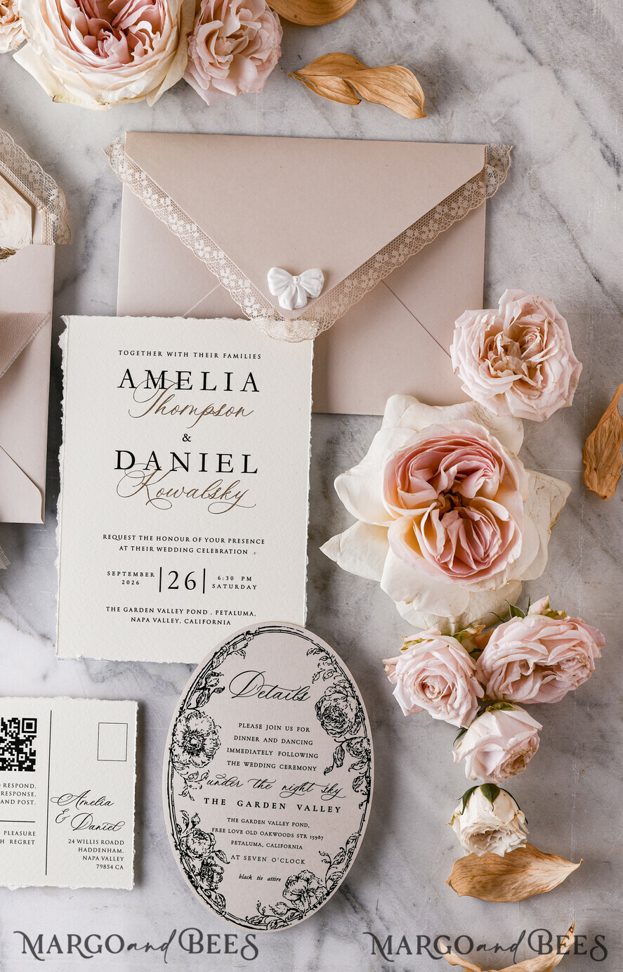WEDDING INVITATIONS vintage lace/ rustic lace Personalized Golden Wedding invitations Vintage Lace Invites Beige