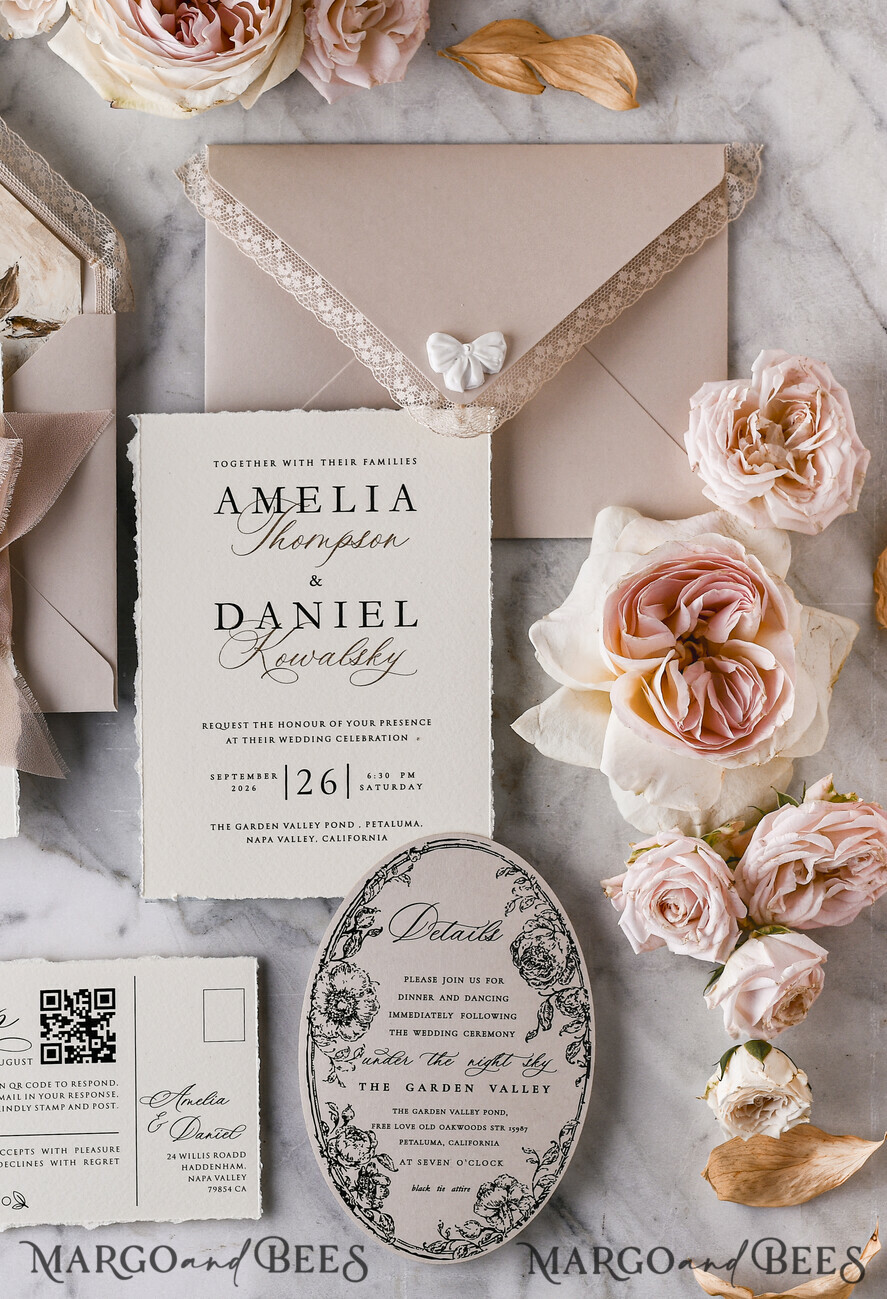 WEDDING INVITATIONS vintage lace/ rustic lace Personalized Golden Wedding invitations Vintage Lace Invites Beige