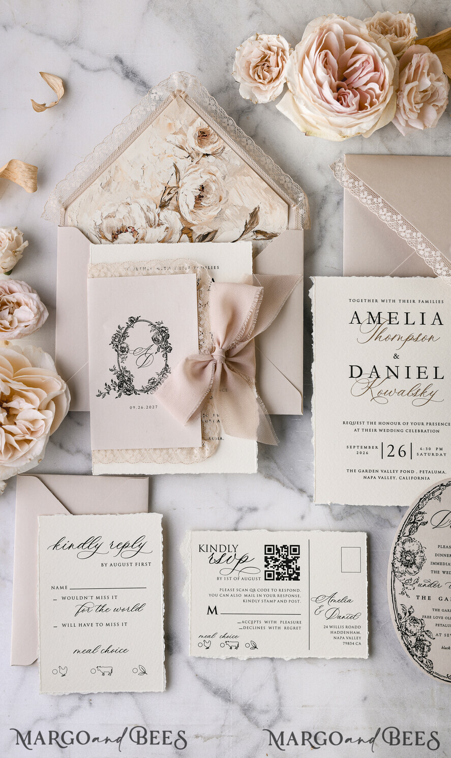 WEDDING INVITATIONS vintage lace/ rustic lace Personalized Golden Wedding invitations Vintage Lace Invites Beige
