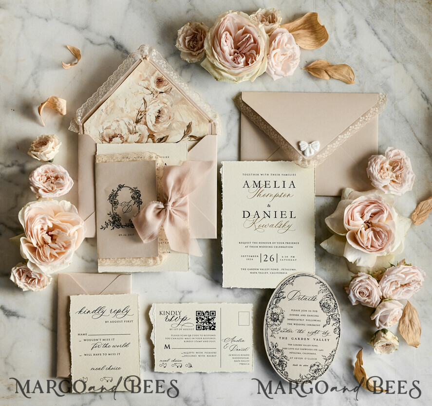WEDDING INVITATIONS vintage lace/ rustic lace Personalized Golden Wedding invitations Vintage Lace Invites Beige