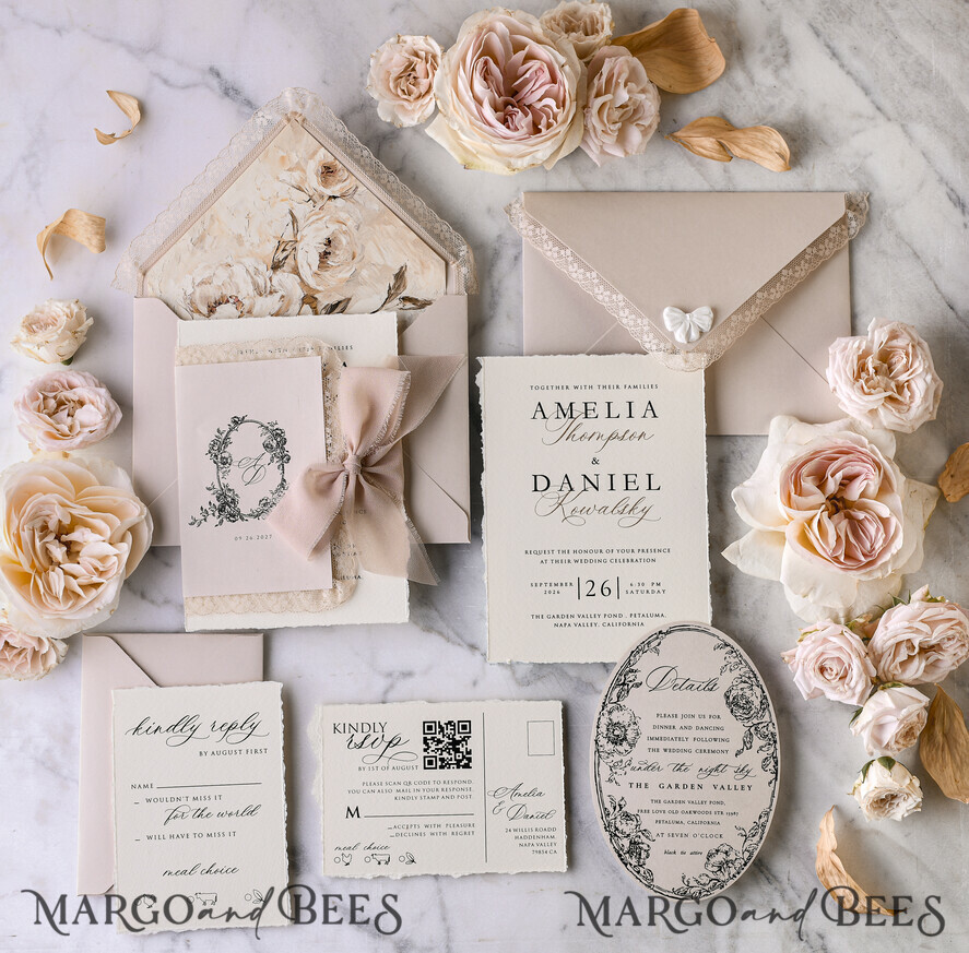 WEDDING INVITATIONS vintage lace/ rustic lace Personalized Golden Wedding invitations Vintage Lace Invites Beige