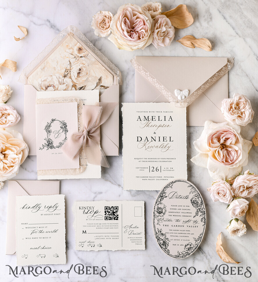 WEDDING INVITATIONS vintage lace/ rustic lace Personalized Golden Wedding invitations Vintage Lace Invites Beige