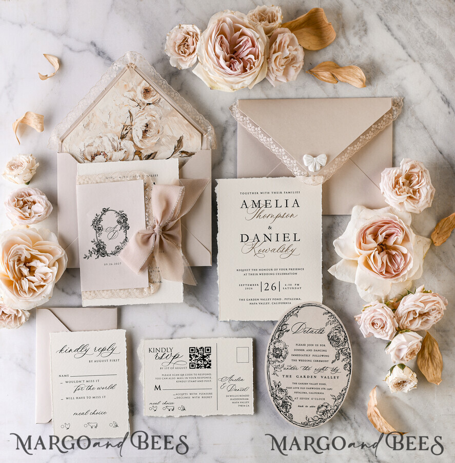 WEDDING INVITATIONS vintage lace/ rustic lace Personalized Golden Wedding invitations Vintage Lace Invites Beige