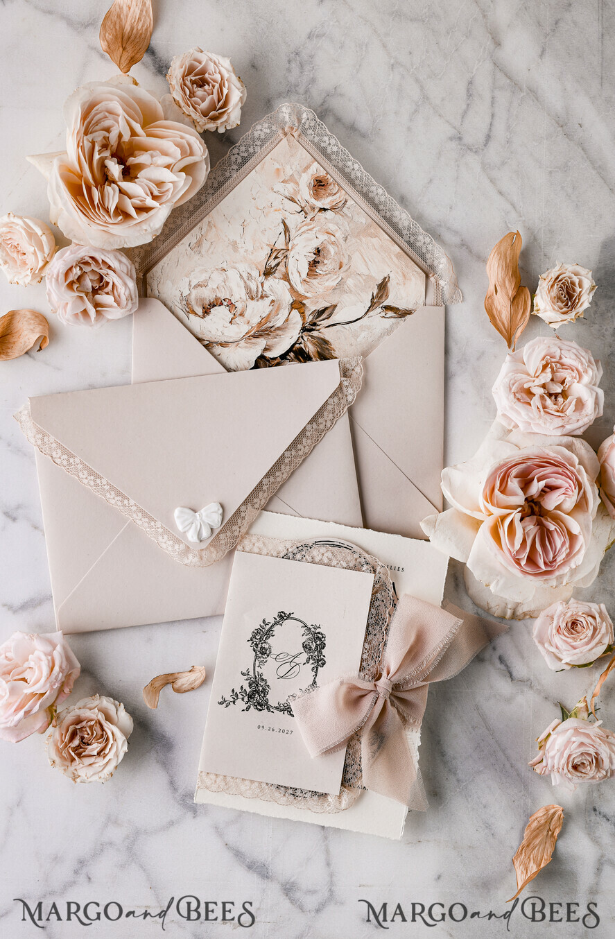 WEDDING INVITATIONS vintage lace/ rustic lace Personalized Golden Wedding invitations Vintage Lace Invites Beige