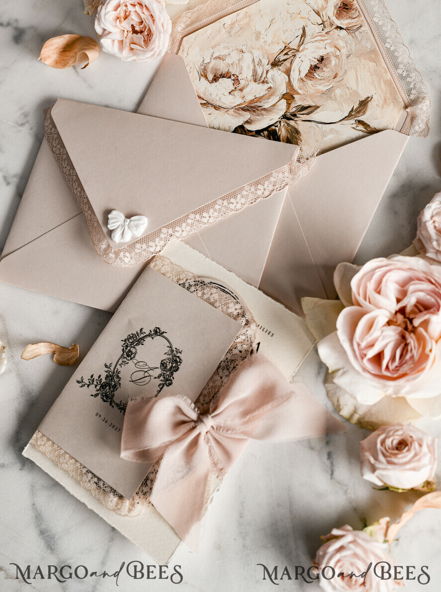 WEDDING INVITATIONS vintage lace/ rustic lace Personalized Golden Wedding invitations Vintage Lace Invites Beige