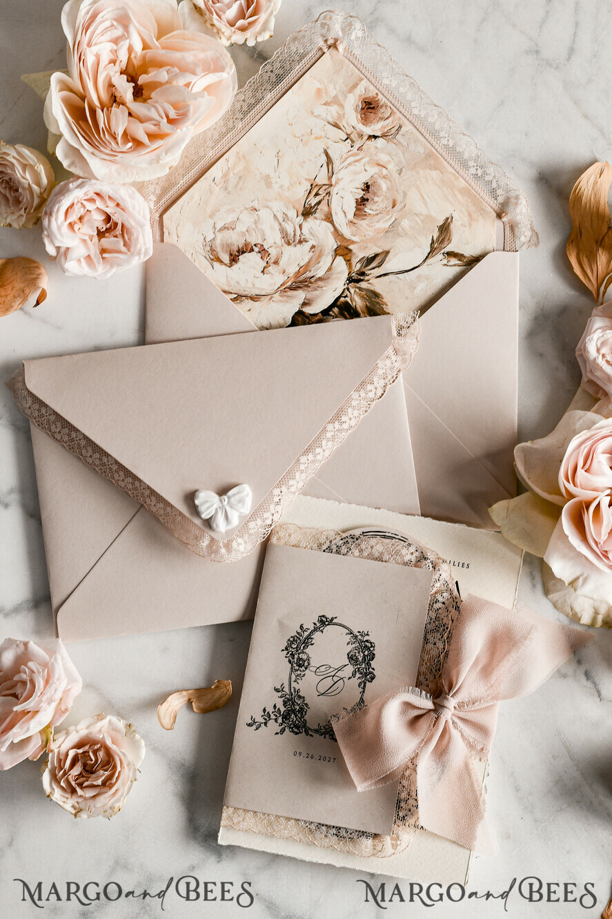 WEDDING INVITATIONS vintage lace/ rustic lace Personalized Golden Wedding invitations Vintage Lace Invites Beige