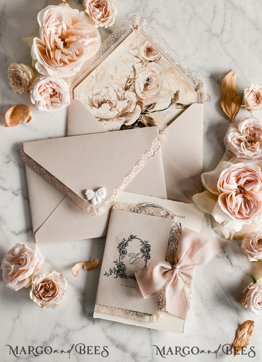 WEDDING INVITATIONS vintage lace/ rustic lace Personalized Golden Wedding invitations Vintage Lace Invites Beige