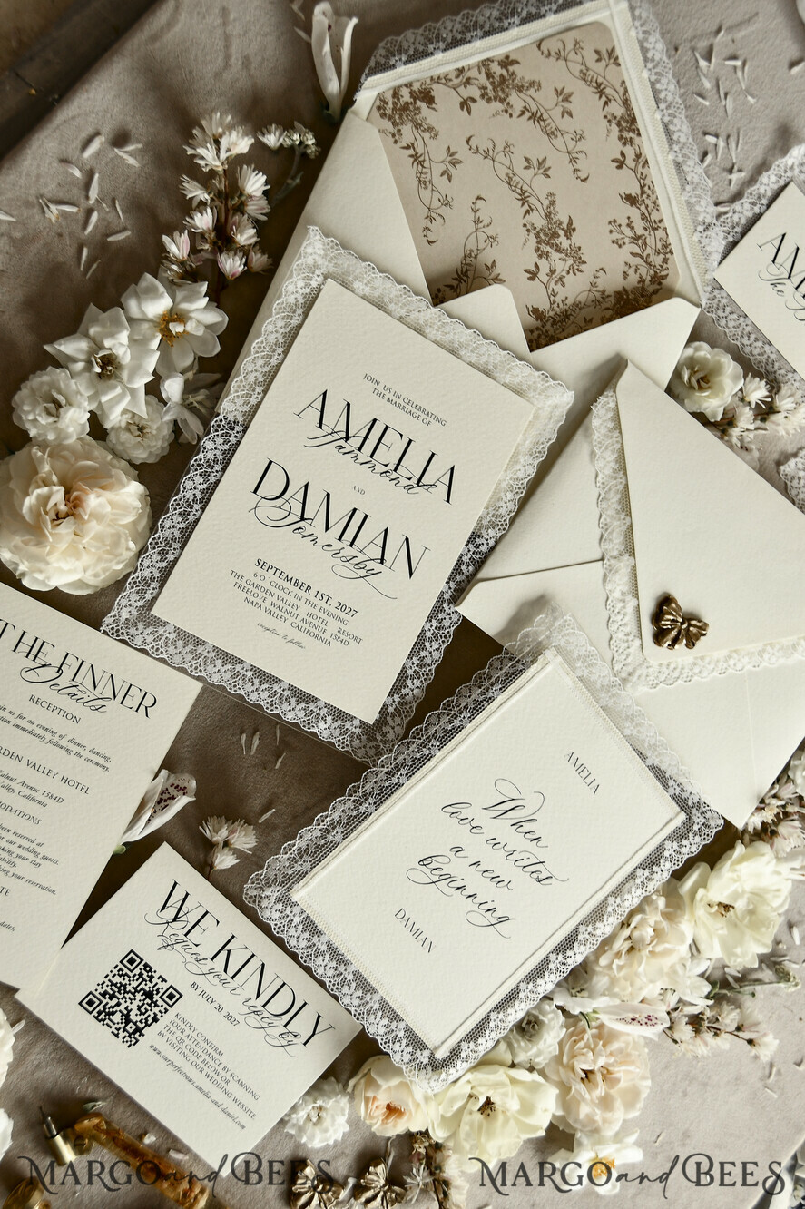 WEDDING INVITATIONS vintage lace/ rustic lace Personalized Golden Wedding invitations Vintage Lace Invites Ivory