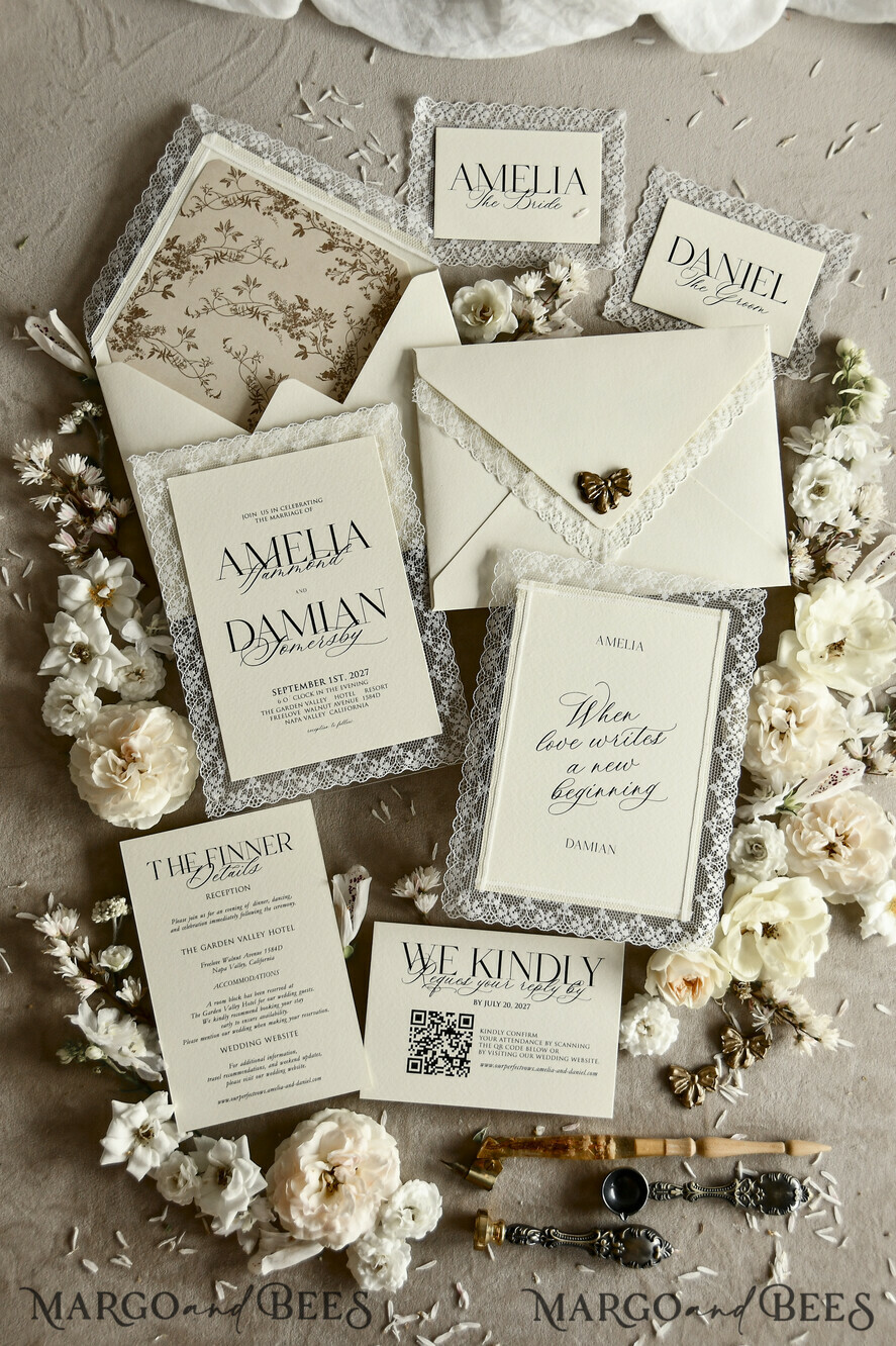 WEDDING INVITATIONS vintage lace/ rustic lace Personalized Golden Wedding invitations Vintage Lace Invites Ivory