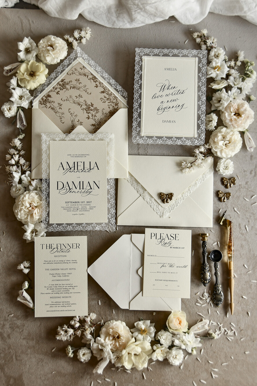 WEDDING INVITATIONS vintage lace/ rustic lace Personalized Golden Wedding invitations Vintage Lace Invites Ivory