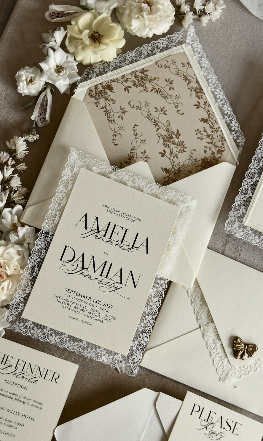 WEDDING INVITATIONS vintage lace/ rustic lace Personalized Golden Wedding invitations Vintage Lace Invites Ivory