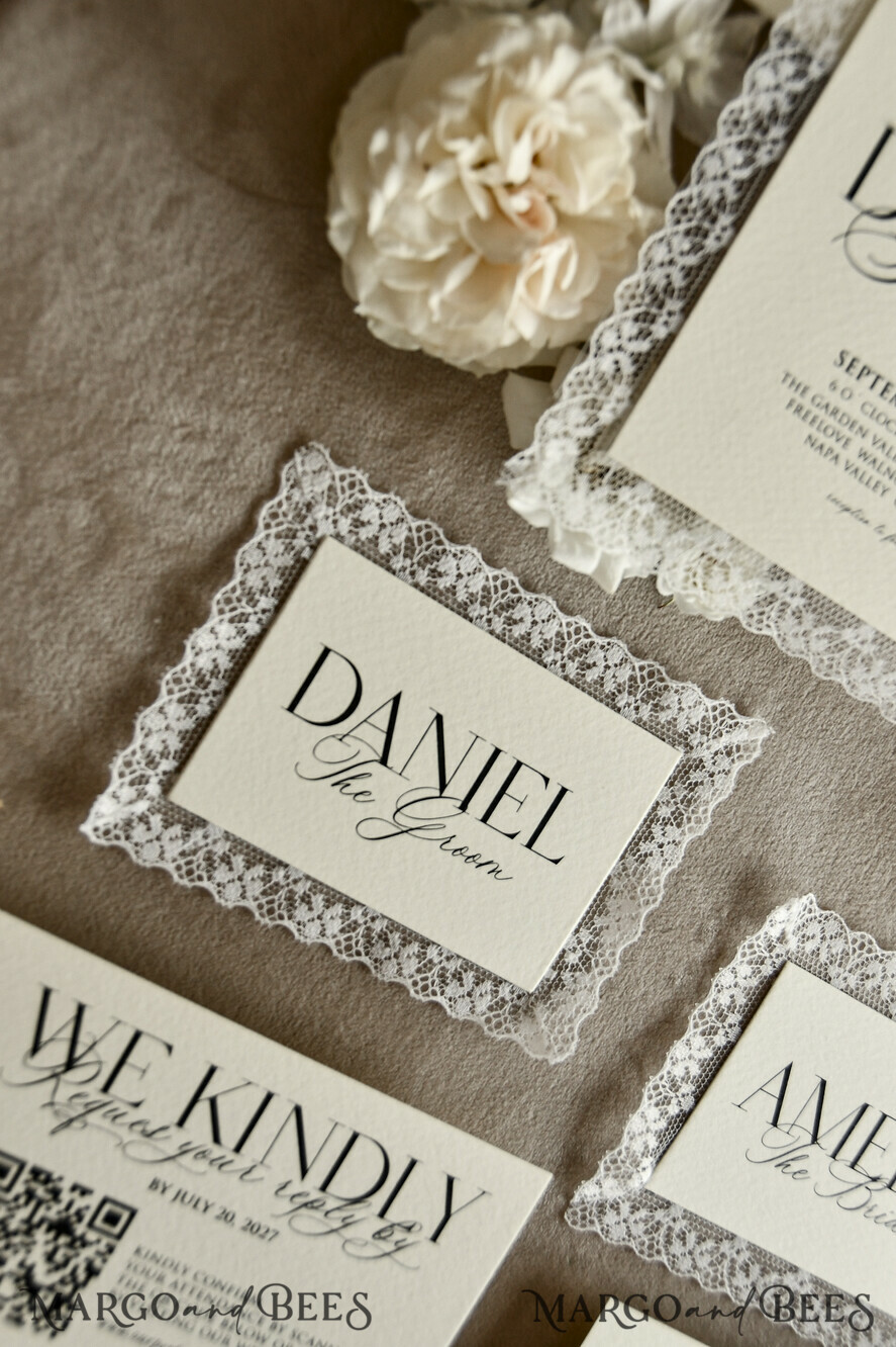 WEDDING INVITATIONS vintage lace/ rustic lace Personalized Golden Wedding invitations Vintage Lace Invites Ivory