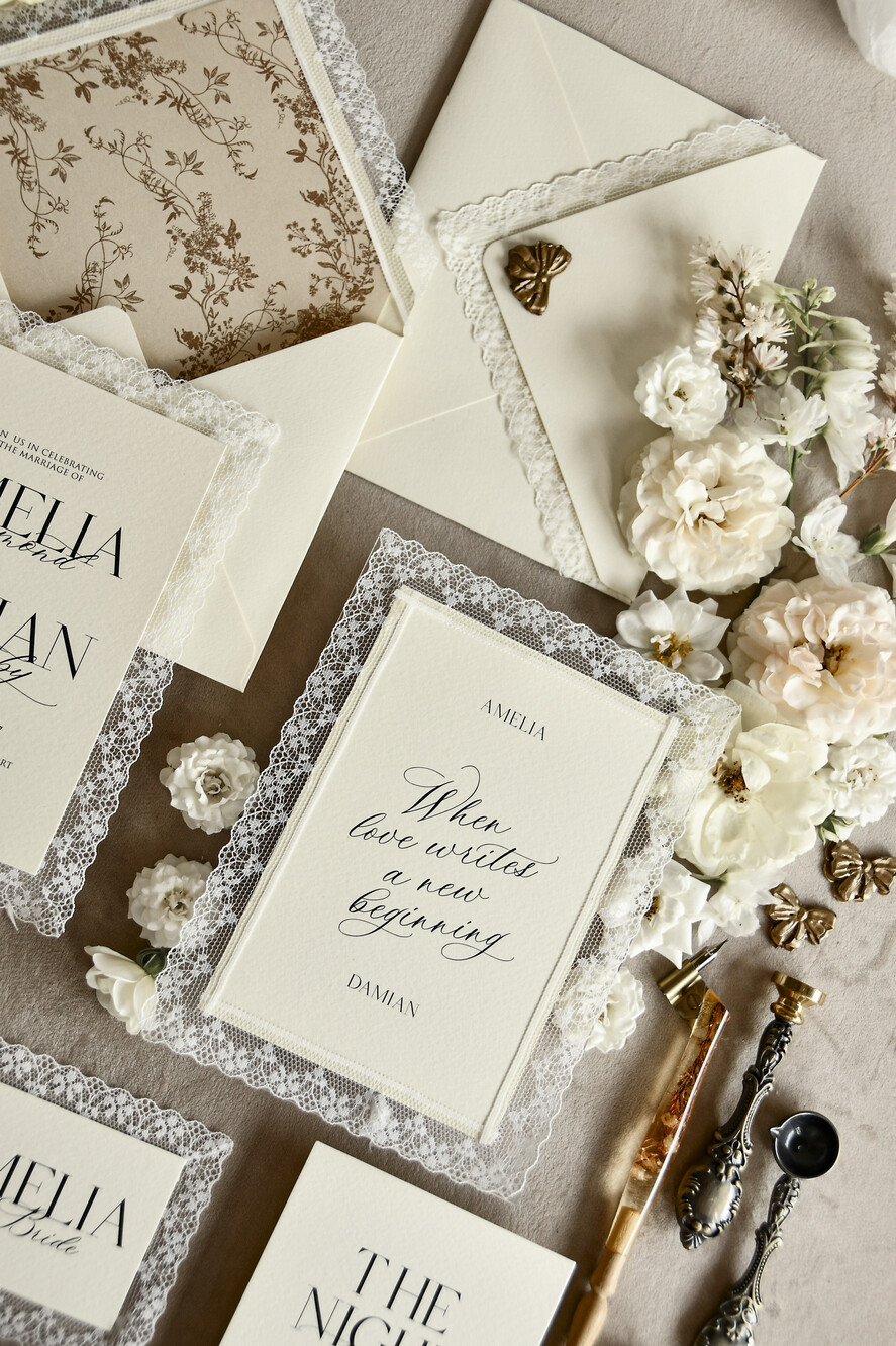 WEDDING INVITATIONS vintage lace/ rustic lace Personalized Golden Wedding invitations Vintage Lace Invites Ivory