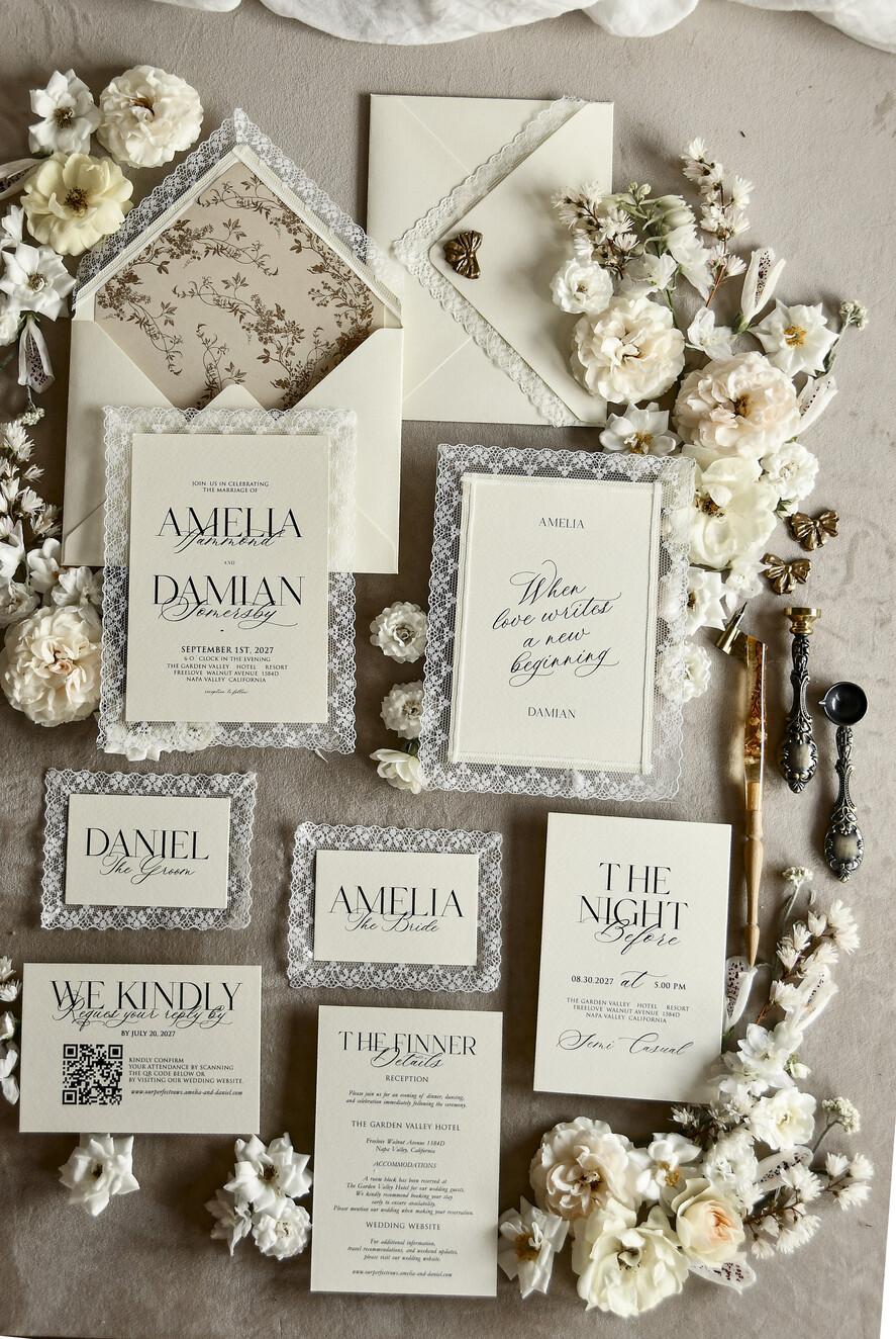 WEDDING INVITATIONS vintage lace/ rustic lace Personalized Golden Wedding invitations Vintage Lace Invites Ivory
