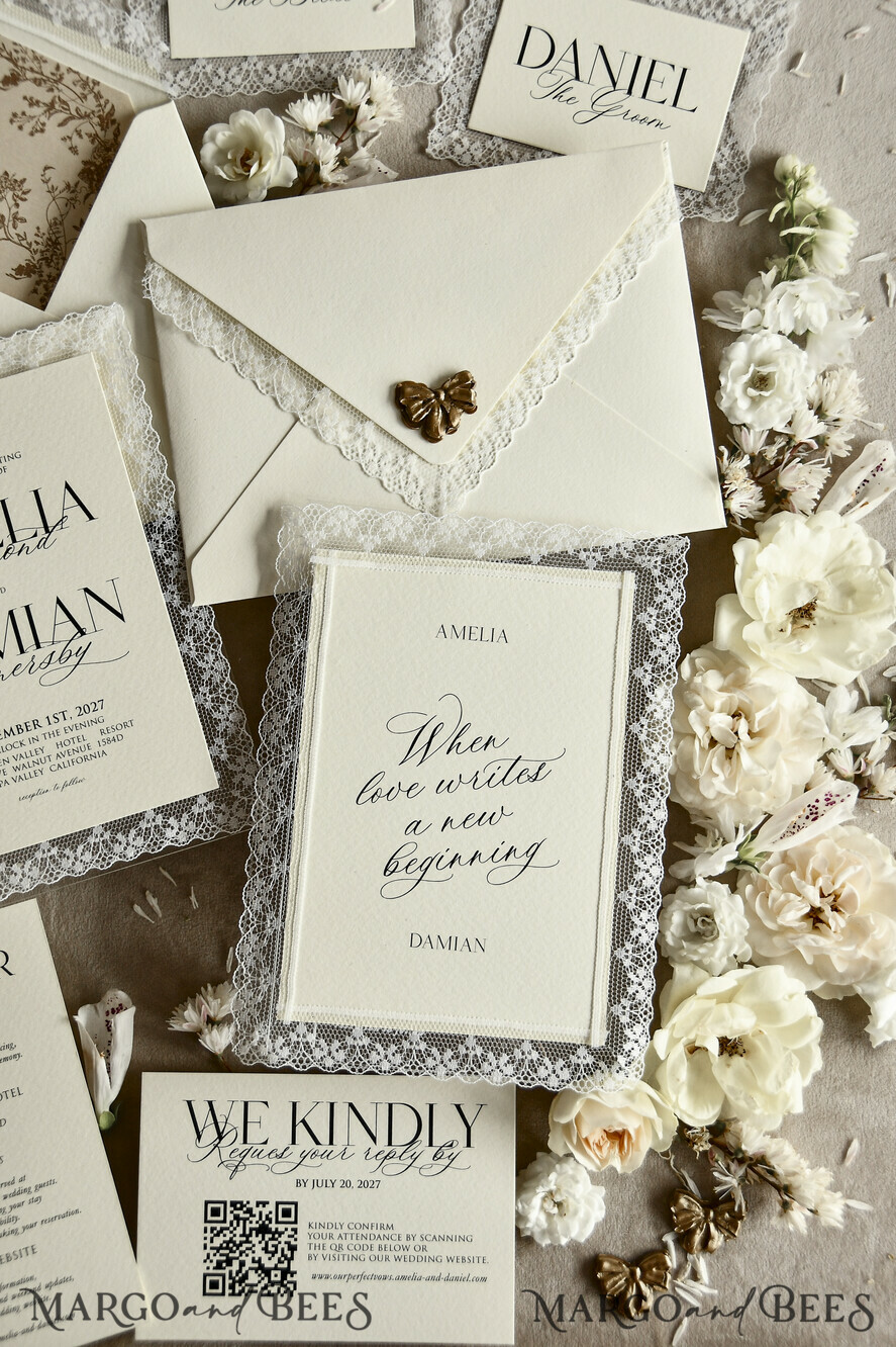 WEDDING INVITATIONS vintage lace/ rustic lace Personalized Golden Wedding invitations Vintage Lace Invites Ivory