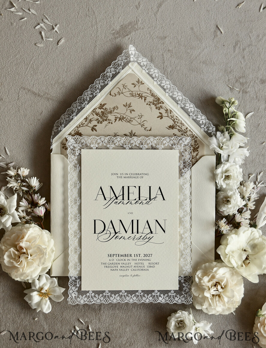 WEDDING INVITATIONS vintage lace/ rustic lace Personalized Golden Wedding invitations Vintage Lace Invites Ivory