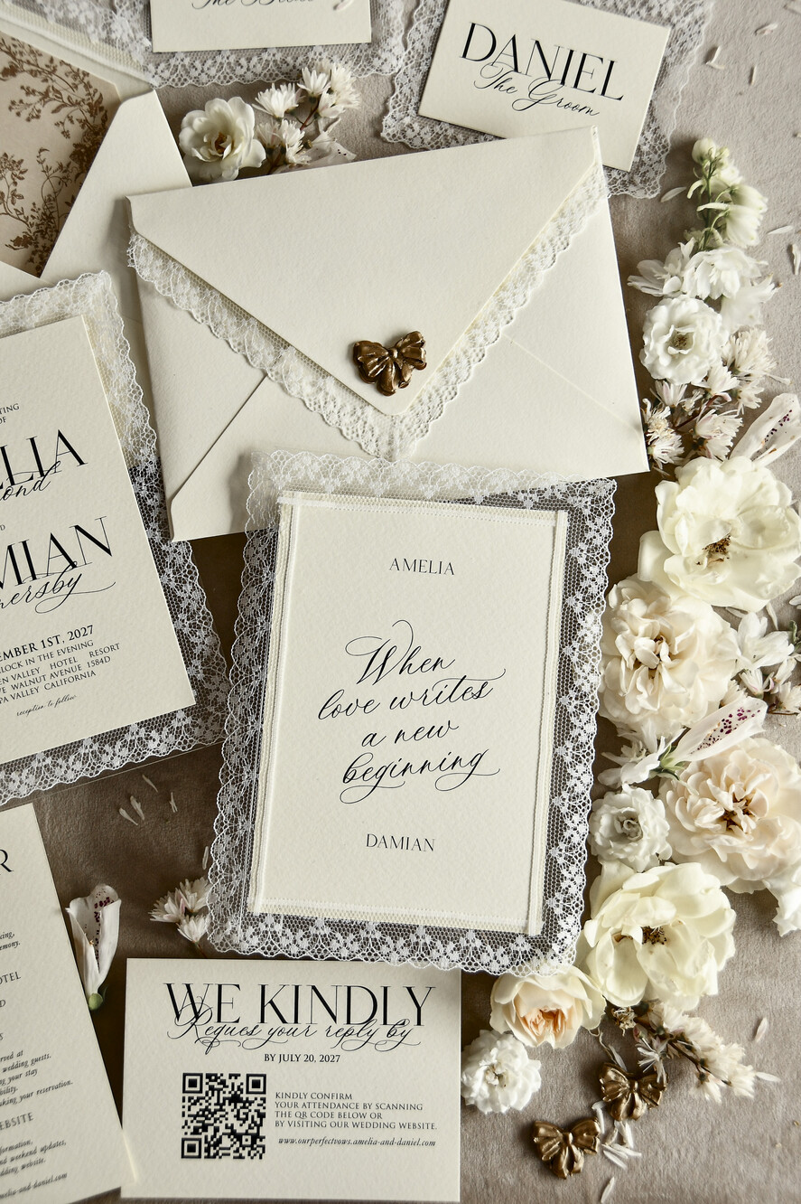 WEDDING INVITATIONS vintage lace/ rustic lace Personalized Golden Wedding invitations Vintage Lace Invites Ivory