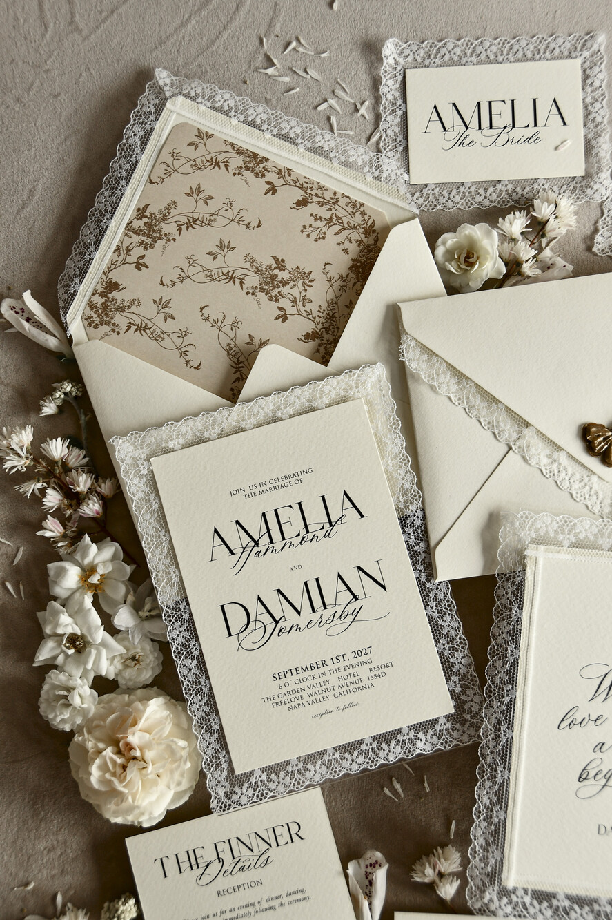 WEDDING INVITATIONS vintage lace/ rustic lace Personalized Golden Wedding invitations Vintage Lace Invites Ivory