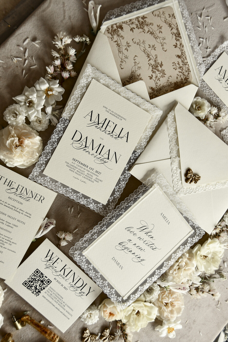 WEDDING INVITATIONS vintage lace/ rustic lace Personalized Golden Wedding invitations Vintage Lace Invites Ivory