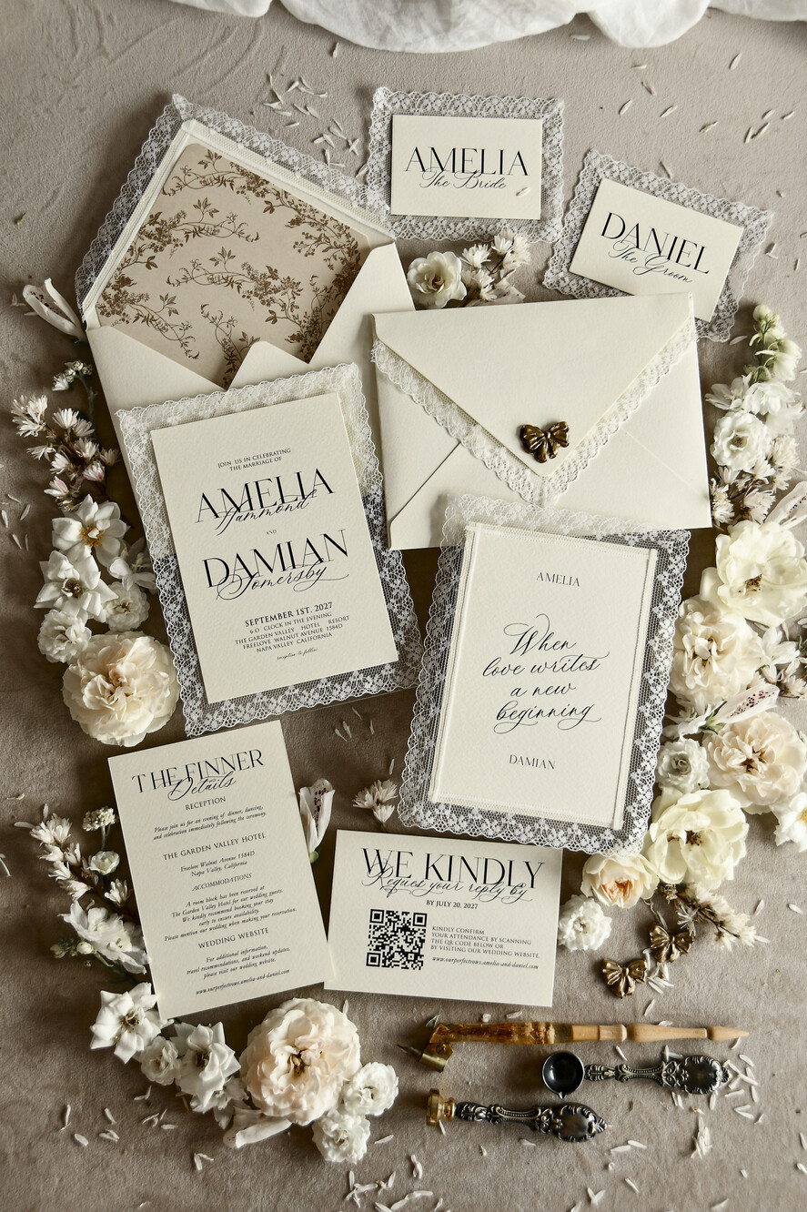 WEDDING INVITATIONS vintage lace/ rustic lace Personalized Golden Wedding invitations Vintage Lace Invites Ivory