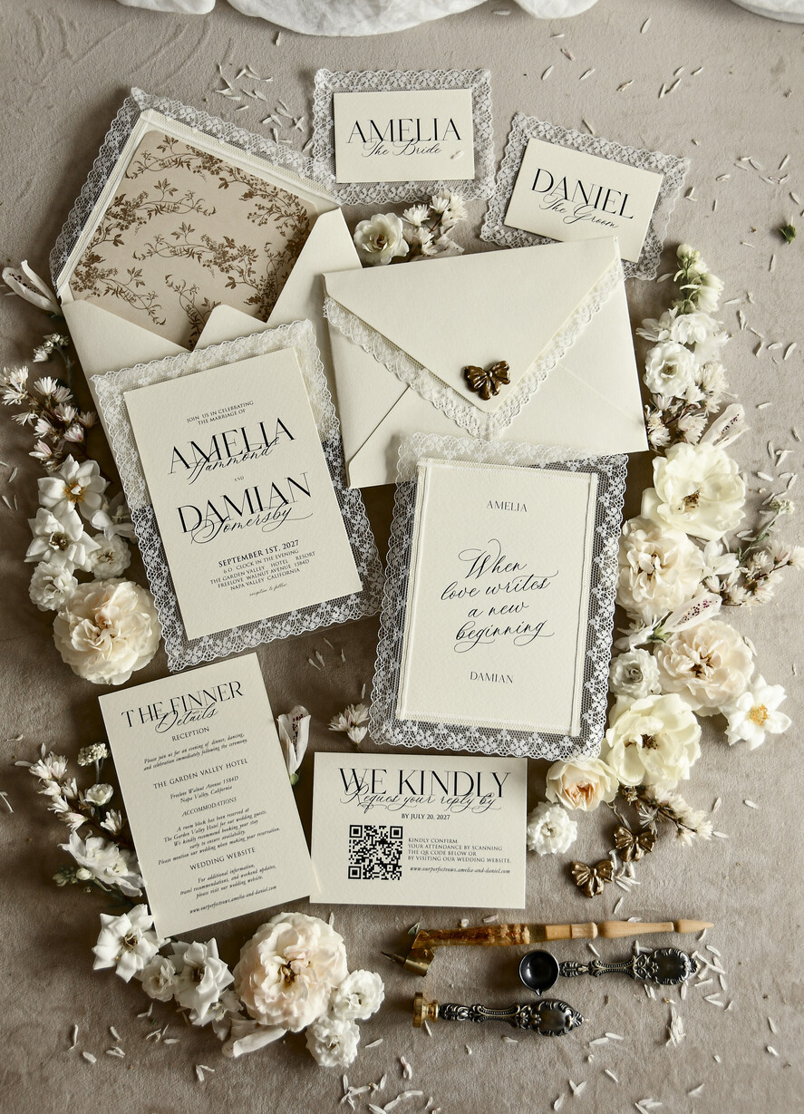 WEDDING INVITATIONS vintage lace/ rustic lace Personalized Golden Wedding invitations Vintage Lace Invites Ivory