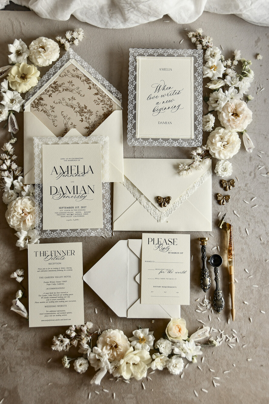 WEDDING INVITATIONS vintage lace/ rustic lace Personalized Golden Wedding invitations Vintage Lace Invites Ivory