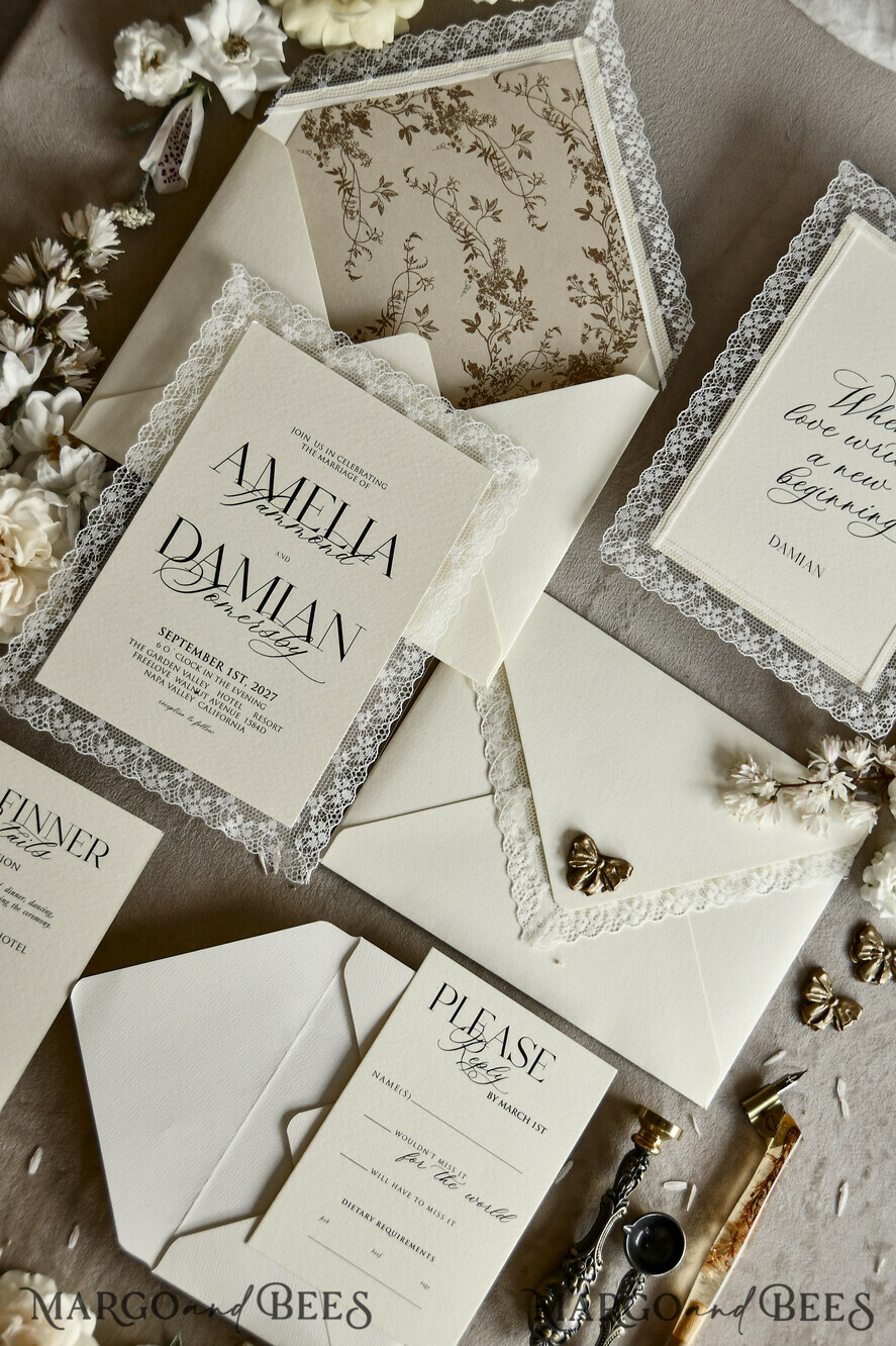 WEDDING INVITATIONS vintage lace/ rustic lace Personalized Golden Wedding invitations Vintage Lace Invites Ivory