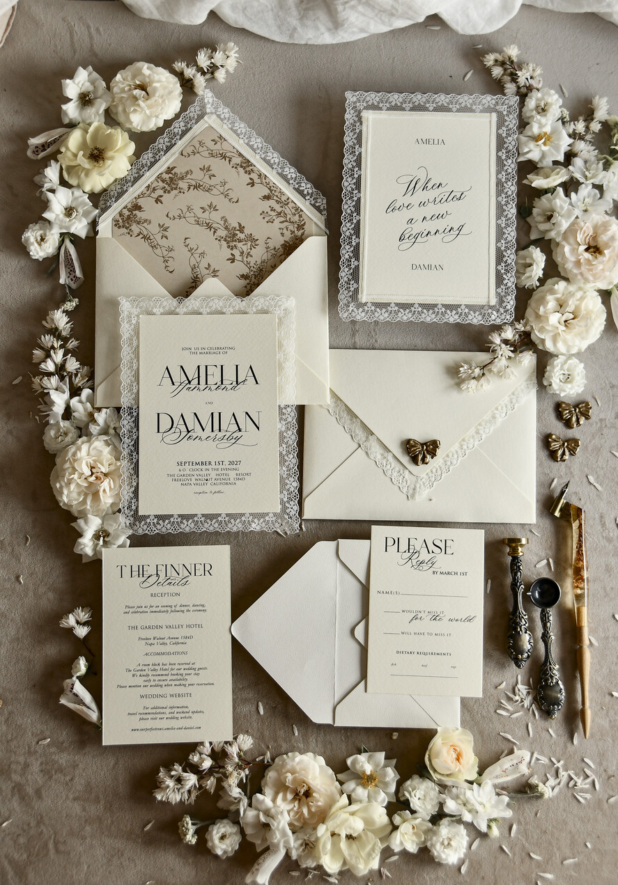WEDDING INVITATIONS vintage lace/ rustic lace Personalized Golden Wedding invitations Vintage Lace Invites Ivory