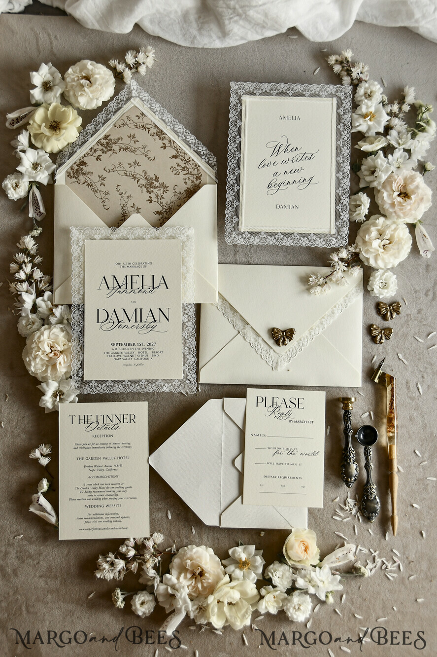 WEDDING INVITATIONS vintage lace/ rustic lace Personalized Golden Wedding invitations Vintage Lace Invites Ivory