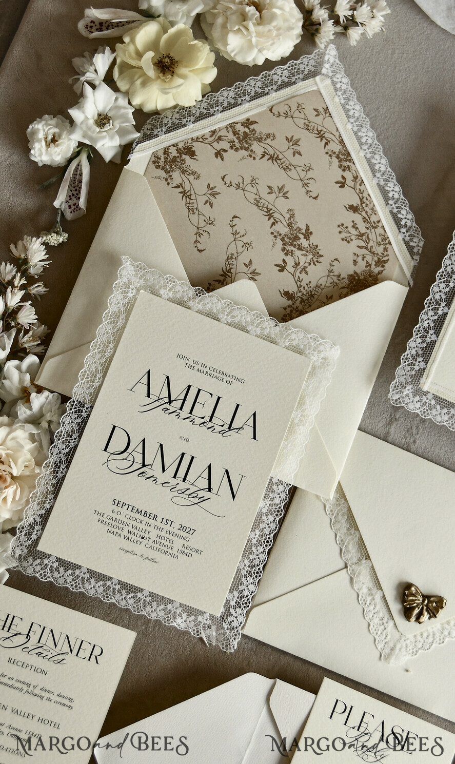 WEDDING INVITATIONS vintage lace/ rustic lace Personalized Golden Wedding invitations Vintage Lace Invites Ivory