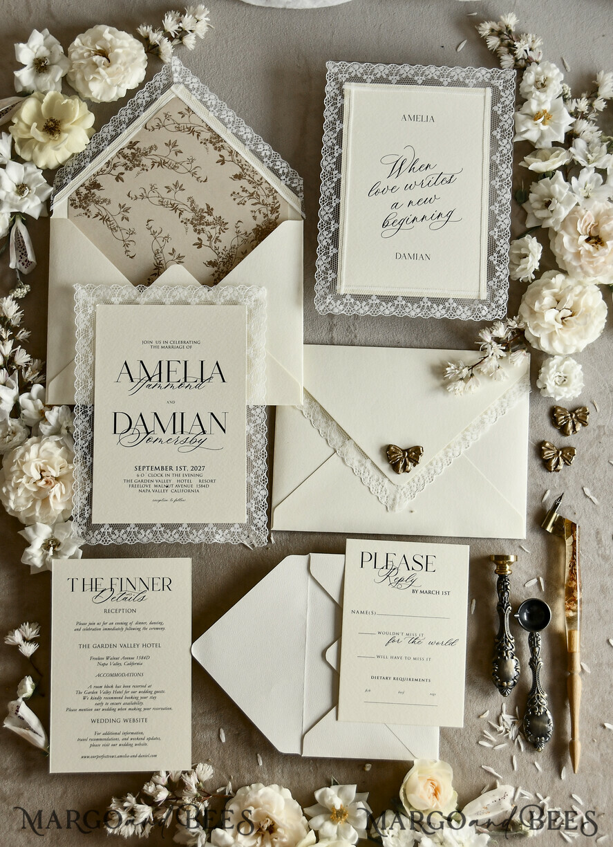 WEDDING INVITATIONS vintage lace/ rustic lace Personalized Golden Wedding invitations Vintage Lace Invites Ivory