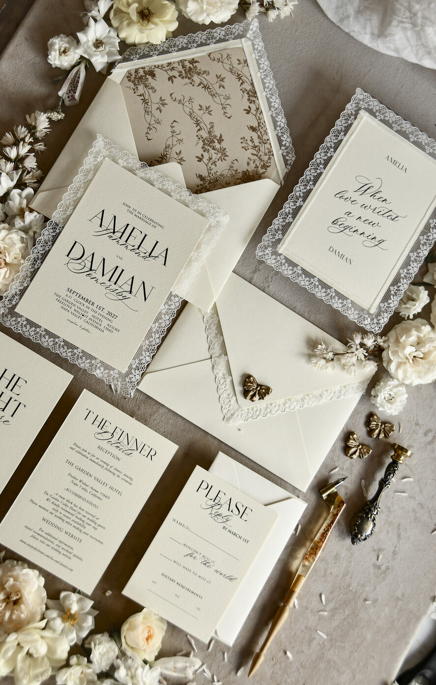 WEDDING INVITATIONS vintage lace/ rustic lace Personalized Golden Wedding invitations Vintage Lace Invites Ivory