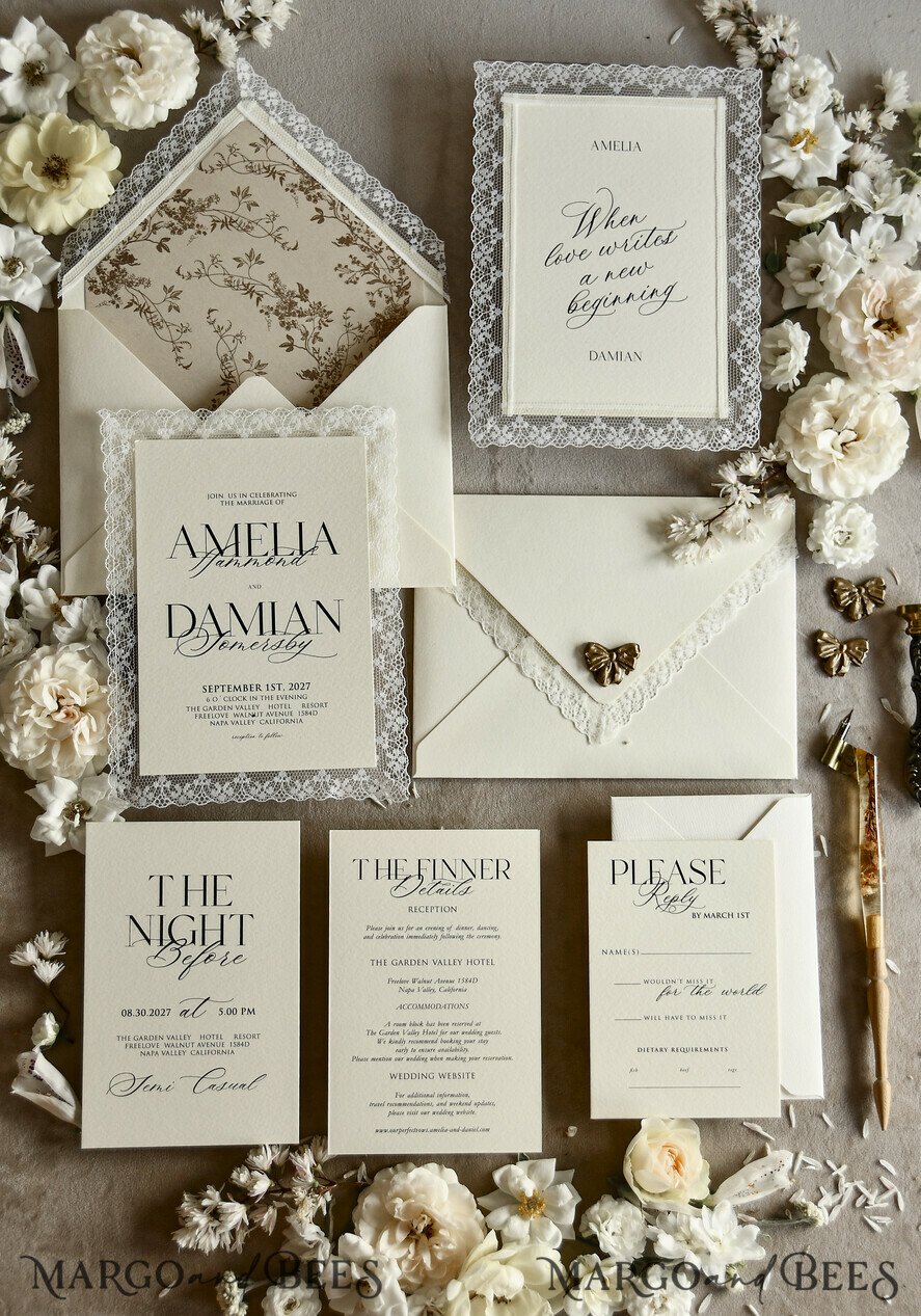 WEDDING INVITATIONS vintage lace/ rustic lace Personalized Golden Wedding invitations Vintage Lace Invites Ivory