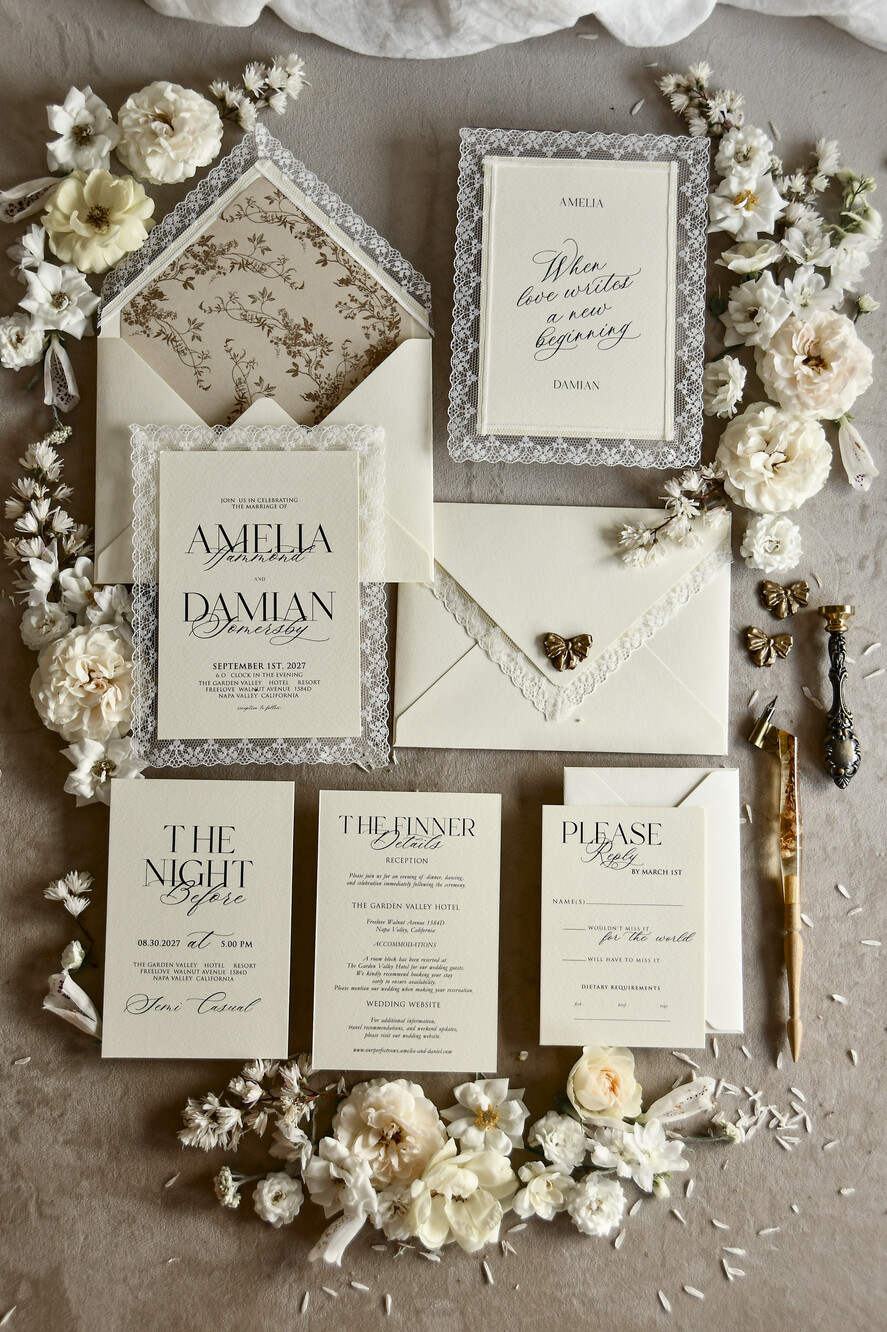 WEDDING INVITATIONS vintage lace/ rustic lace Personalized Golden Wedding invitations Vintage Lace Invites Ivory