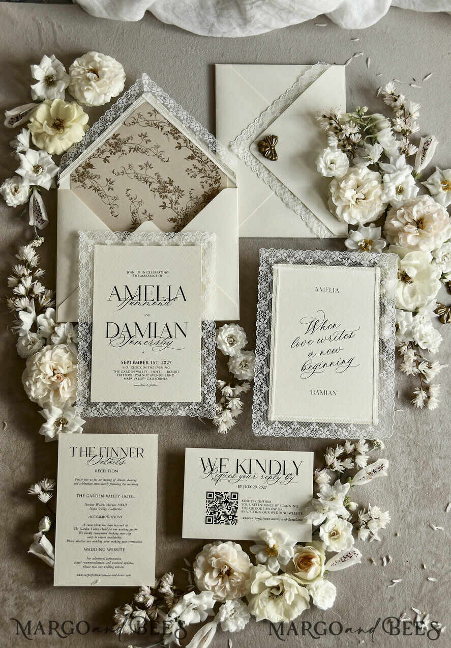 WEDDING INVITATIONS vintage lace/ rustic lace Personalized Golden Wedding invitations Vintage Lace Invites Ivory