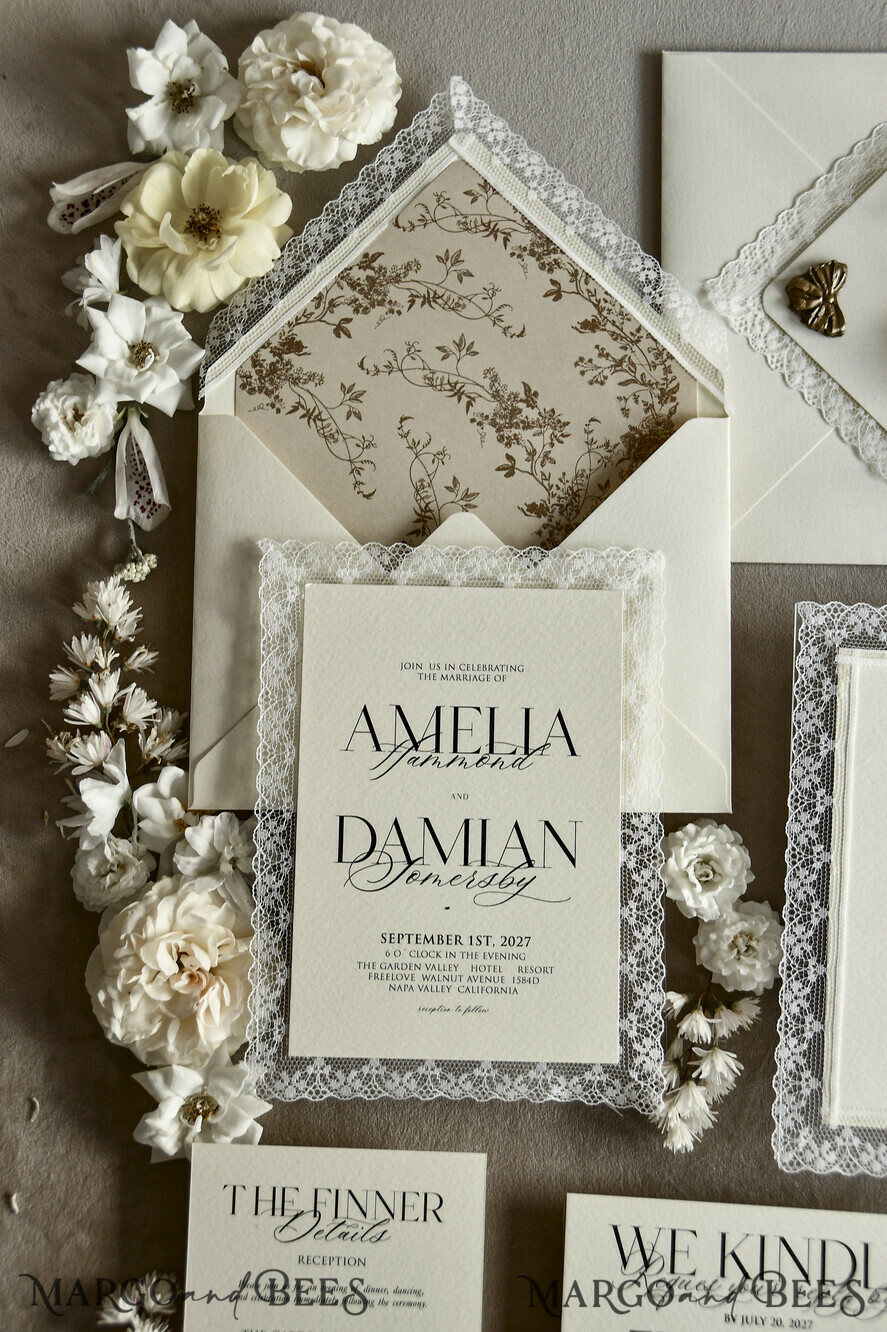 WEDDING INVITATIONS vintage lace/ rustic lace Personalized Golden Wedding invitations Vintage Lace Invites Ivory