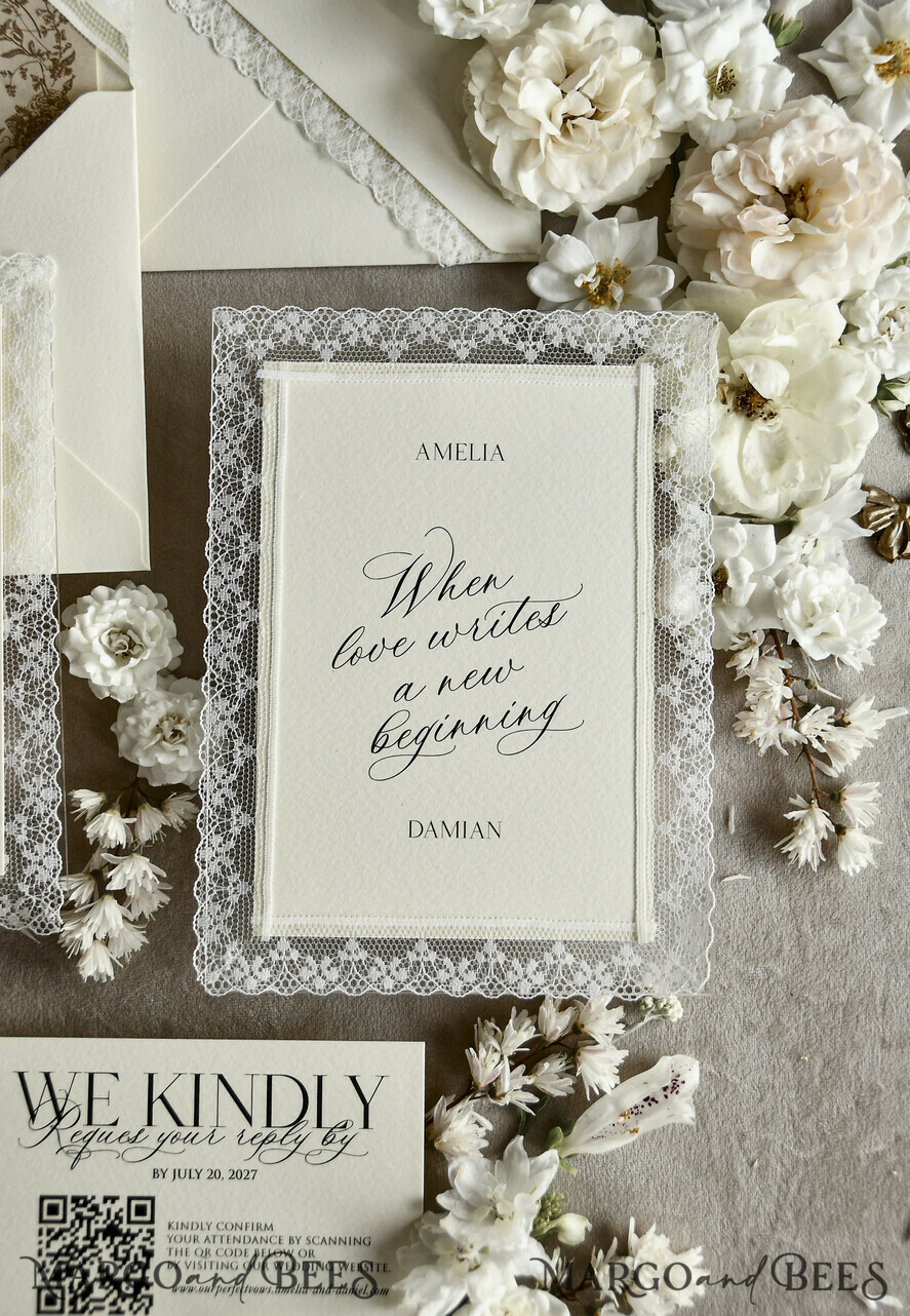 WEDDING INVITATIONS vintage lace/ rustic lace Personalized Golden Wedding invitations Vintage Lace Invites Ivory