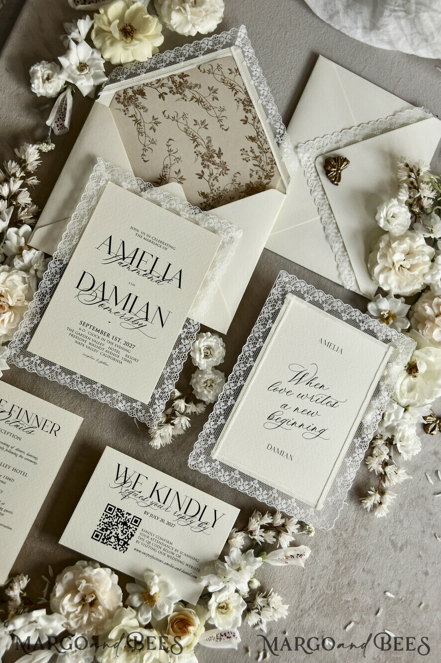 WEDDING INVITATIONS vintage lace/ rustic lace Personalized Golden Wedding invitations Vintage Lace Invites Ivory
