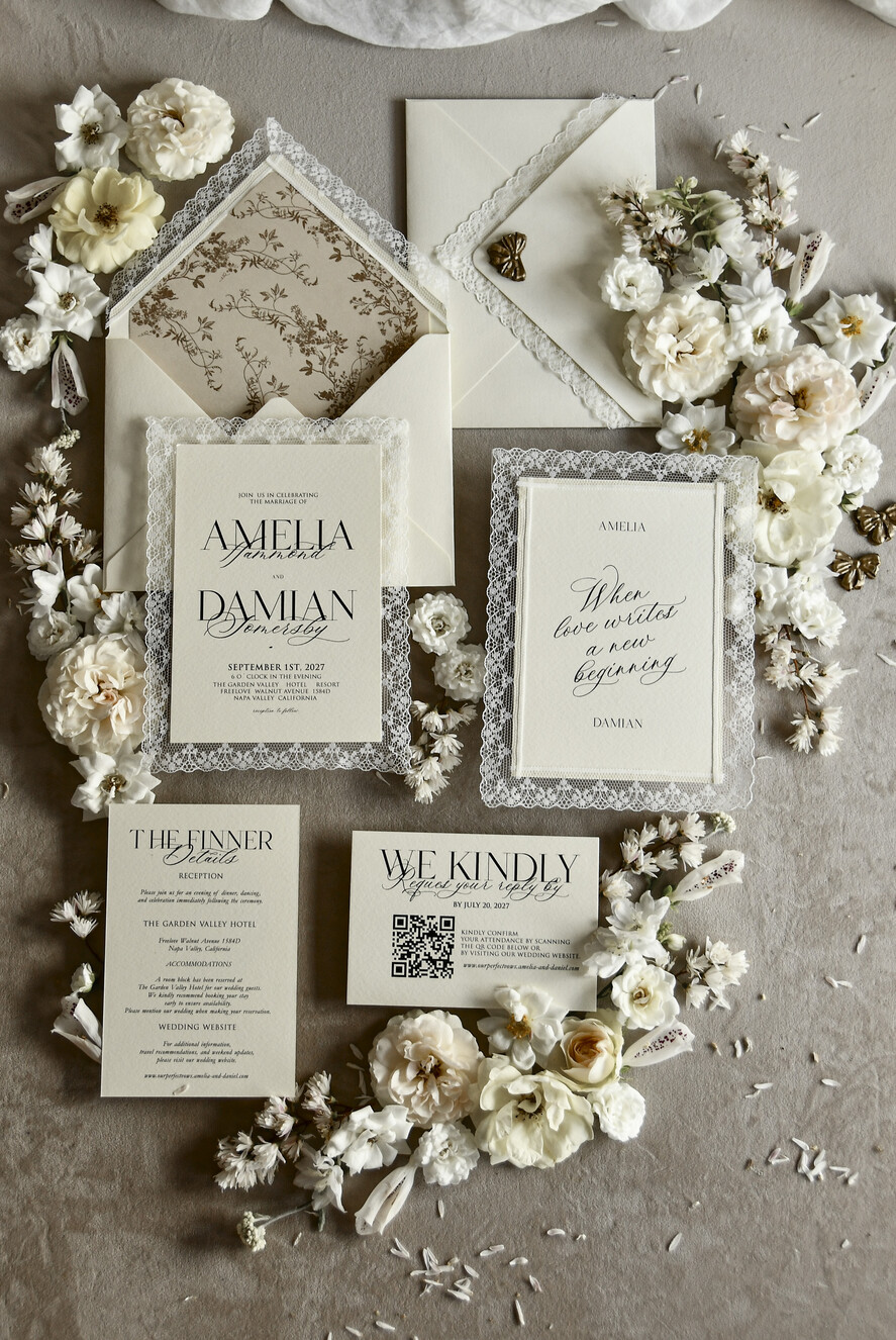 WEDDING INVITATIONS vintage lace/ rustic lace Personalized Golden Wedding invitations Vintage Lace Invites Ivory