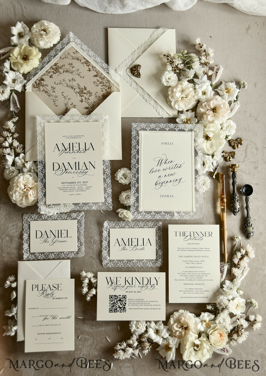 WEDDING INVITATIONS vintage lace/ rustic lace Personalized Golden Wedding invitations Vintage Lace Invites Ivory