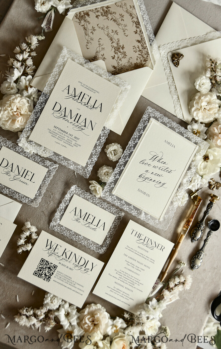 WEDDING INVITATIONS vintage lace/ rustic lace Personalized Golden Wedding invitations Vintage Lace Invites Ivory