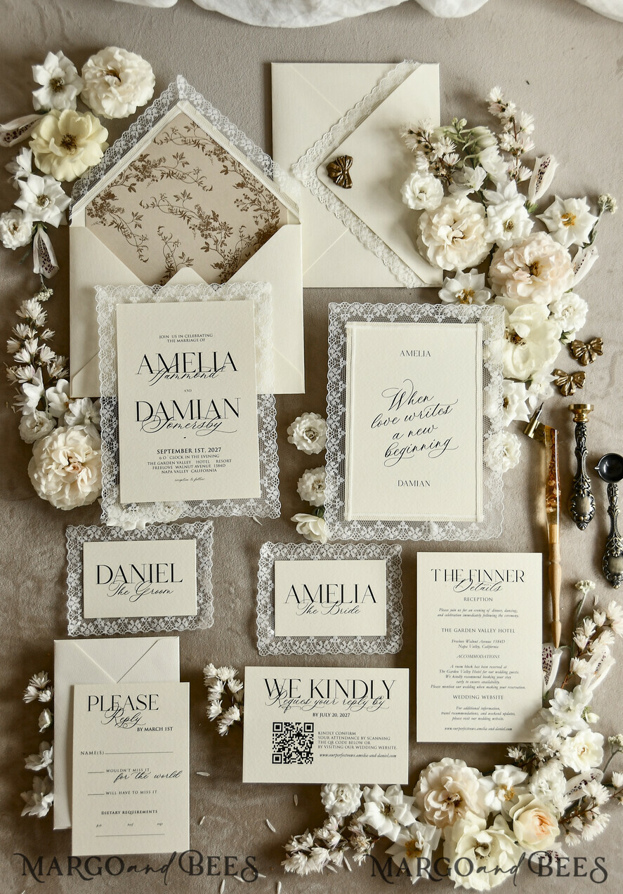 WEDDING INVITATIONS vintage lace/ rustic lace Personalized Golden Wedding invitations Vintage Lace Invites Ivory