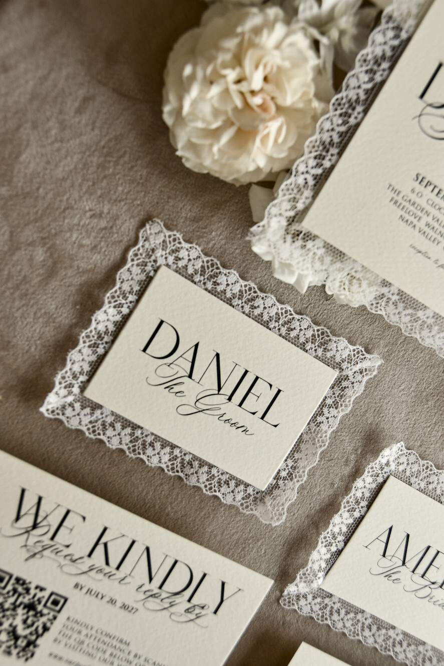 WEDDING INVITATIONS vintage lace/ rustic lace Personalized Golden Wedding invitations Vintage Lace Invites Ivory