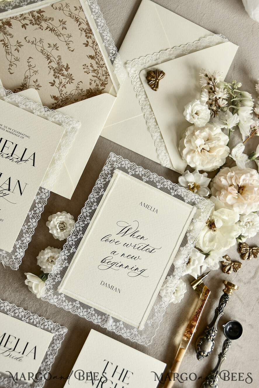 WEDDING INVITATIONS vintage lace/ rustic lace Personalized Golden Wedding invitations Vintage Lace Invites Ivory