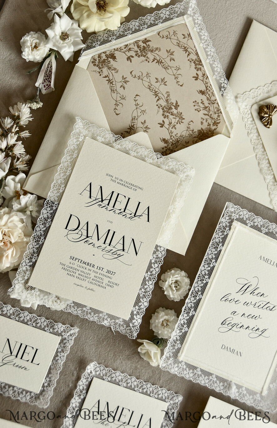 WEDDING INVITATIONS vintage lace/ rustic lace Personalized Golden Wedding invitations Vintage Lace Invites Ivory