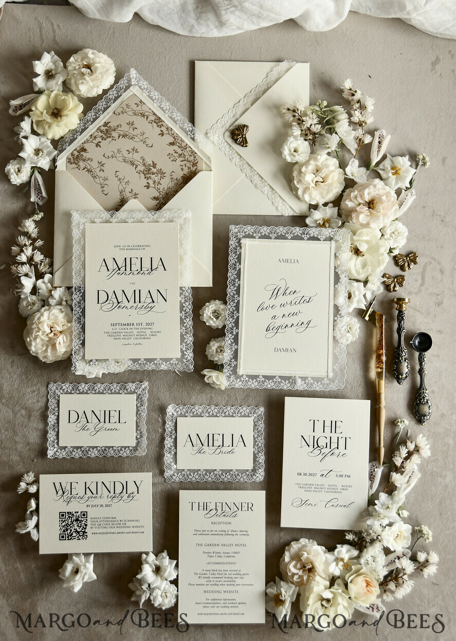 WEDDING INVITATIONS vintage lace/ rustic lace Personalized Golden Wedding invitations Vintage Lace Invites Ivory